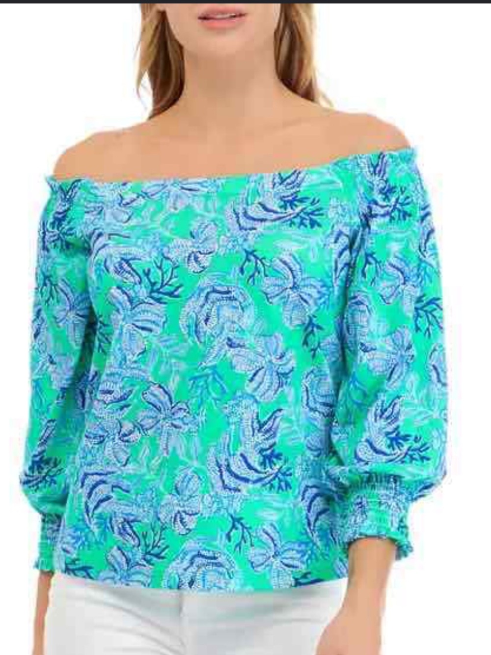 Lilly Pulitzer Aqua and Blue Off-Shoulder Floral Blouse